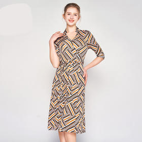 丁摩 真丝连衣裙女夏季中袖翻领印花桑蚕丝修身收腰系带长裙4ZF-22016