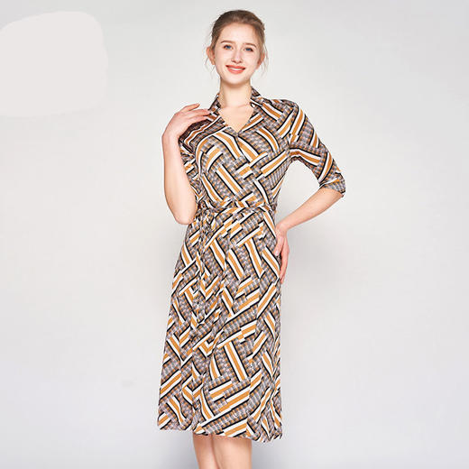 丁摩 真丝连衣裙女夏季中袖翻领印花桑蚕丝修身收腰系带长裙4ZF-22016 商品图0