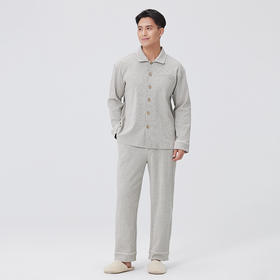 素道有机彩棉 纯棉男士灰色长袖家居服 纽扣翻领100%棉睡衣
