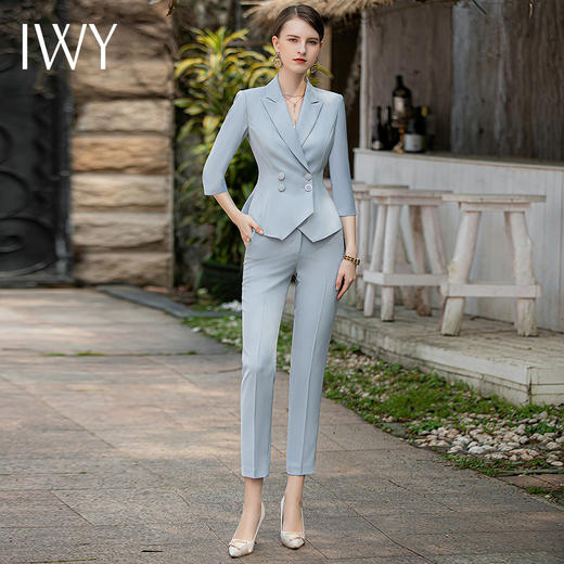 IWY/秋款七分袖蓝色西装九分裤套装正式场合招待通勤干练OL职业装CP1854 商品图4