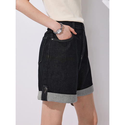 棉仓353624005-复古高腰牛仔短裤两穿可卷边带袢设计感百慕大短裤显瘦A字裤 商品图1