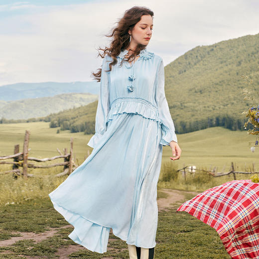 两三事梵高文艺昨日青空2024秋季新款法式荷叶边绑带领连衣裙长裙 商品图2