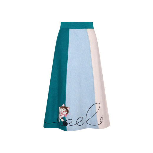 两三事梵高文艺毛线乐园2024秋季新款小猫刺绣拼色针织高腰半身裙 商品图4