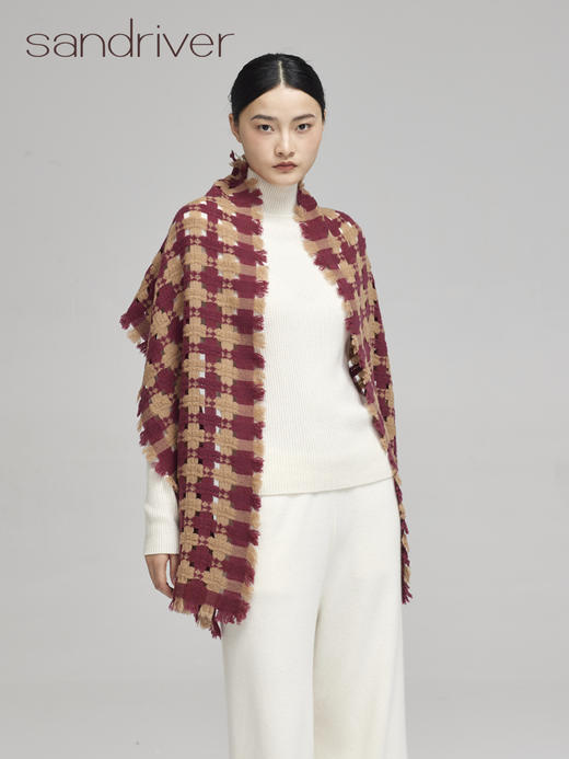 青海羊绒棋盘格镂空撞色围巾SJF96W223N 商品图3