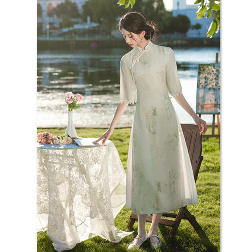 GX素雅年轻少女款长款中袖奥黛2024秋季新款改良民族风日常中式奥黛 商品图2