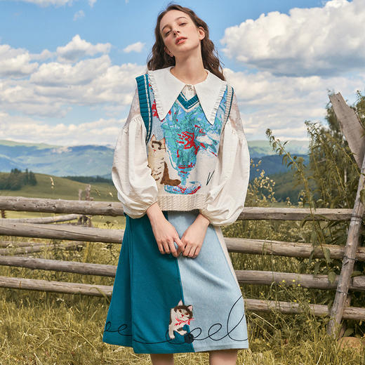 两三事梵高文艺毛线乐园2024秋季新款小猫刺绣拼色针织高腰半身裙 商品图1