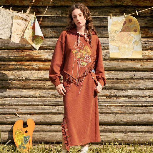 两三事梵高文艺专属宠爱2024秋新款百搭荷叶边拼接开叉高腰半身裙 商品图1