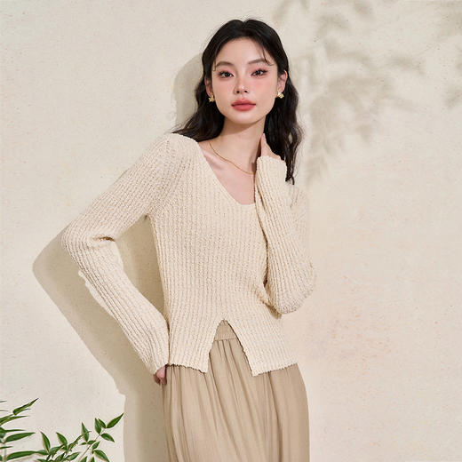 气质优雅长袖针织衫女早春深V开叉修身轻薄软糯毛衣上衣V3442249 商品图2