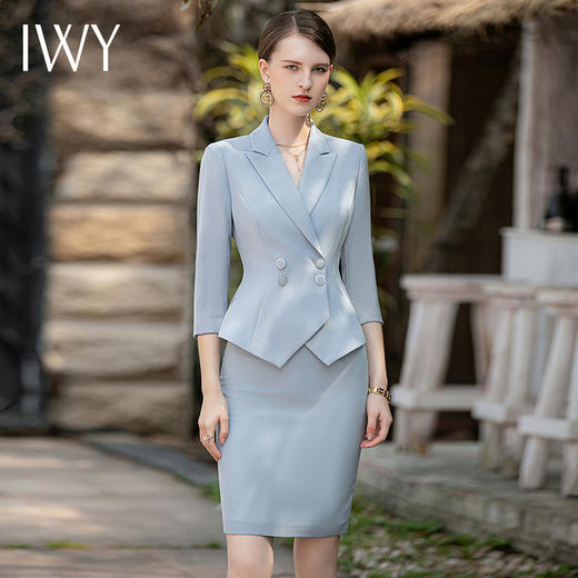 IWY/秋款蓝色七分袖西装不规则半裙售楼部销售收腰显瘦职业套装裙CS1854 商品图1