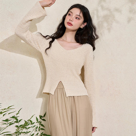 气质优雅长袖针织衫女早春深V开叉修身轻薄软糯毛衣上衣V3442249 商品图3
