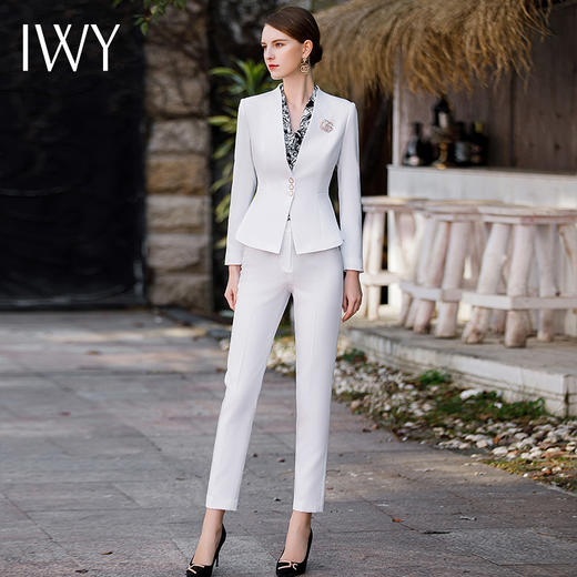 IWY/秋款白色西装九分小脚裤两件套正式场合招待通勤干练职业套装CP1761 商品图1