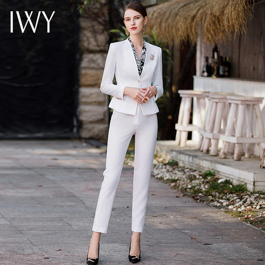 IWY/秋款白色西装九分小脚裤两件套正式场合招待通勤干练职业套装CP1761 商品图2
