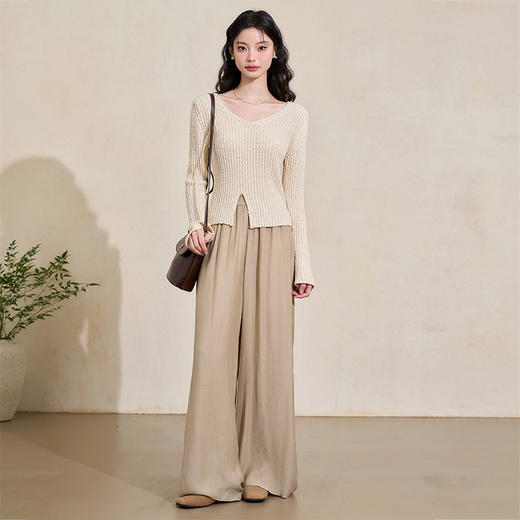 气质优雅长袖针织衫女早春深V开叉修身轻薄软糯毛衣上衣V3442249 商品图1