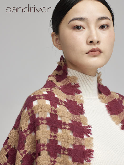 青海羊绒棋盘格镂空撞色围巾SJF96W223N 商品图1