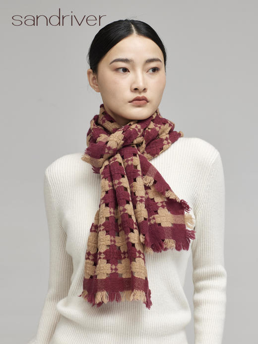 青海羊绒棋盘格镂空撞色围巾SJF96W223N 商品图0