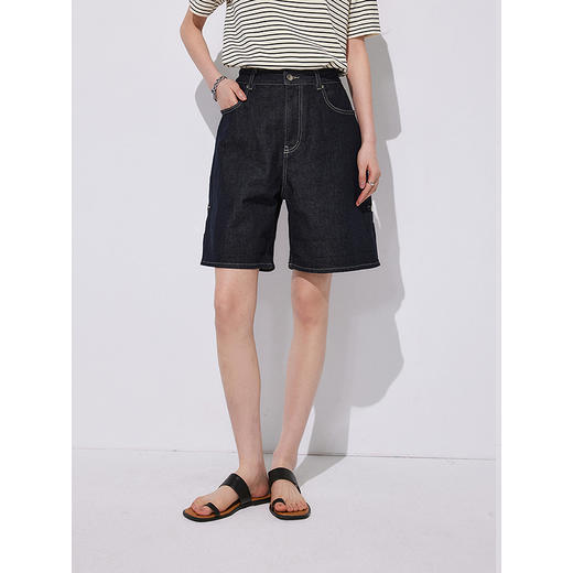 棉仓353624005-复古高腰牛仔短裤两穿可卷边带袢设计感百慕大短裤显瘦A字裤 商品图0
