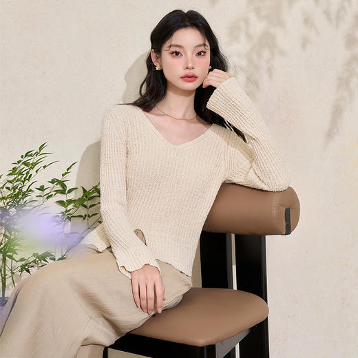 气质优雅长袖针织衫女早春深V开叉修身轻薄软糯毛衣上衣V3442249 商品图4