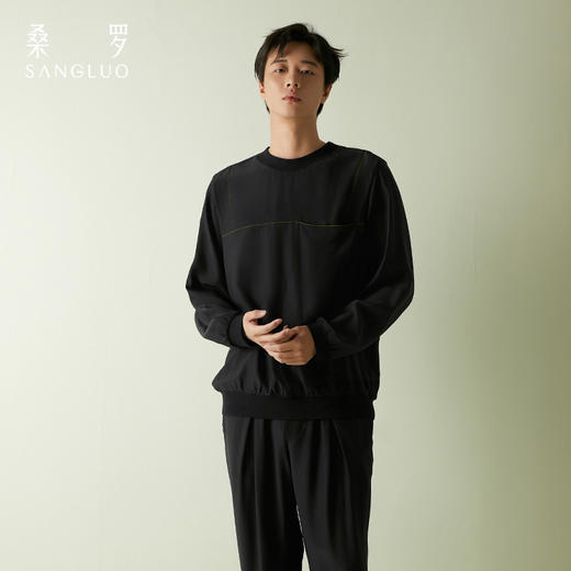 桑罗运动套装休闲男士宽松跑步秋款撞色拼接型男家居睡衣100%桑蚕丝 商品图0