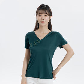 丁摩 新中式国风V领盘扣真丝短袖T恤春夏季桑蚕丝针织纯色上衣4ZF-24039
