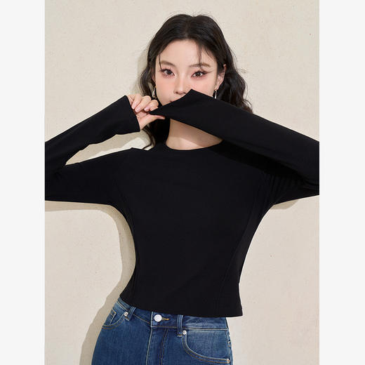 西遇长袖短款T恤女新款修身针织打底衫内搭外穿上衣D3442168 商品图4
