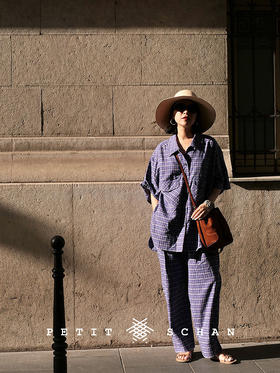 普罗旺斯的奔跑 色织汉麻棉格子短袖男朋友衬衫/休闲萝卜裤