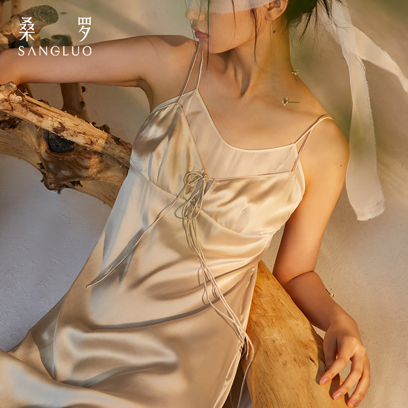 桑罗真丝假两件系带吊带裙撞色雪纺睡裙简约高级睡衣女2024年新款