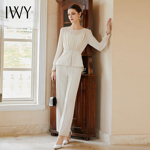 IWY/夏季杏色长袖微透视西装微喇裤两件套气质高端御姐范职场套装CP15090 商品图0