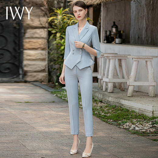 IWY/秋款七分袖蓝色西装九分裤套装正式场合招待通勤干练OL职业装CP1854 商品图2