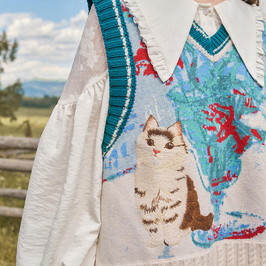 两三事梵高文艺 捉喵记 2024秋季新款文艺风刺绣花色无袖针织衫女 商品图2