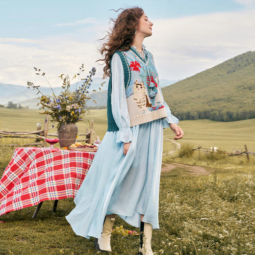 两三事梵高文艺昨日青空2024秋季新款法式荷叶边绑带领连衣裙长裙 商品图3