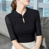 国风盘扣立领中袖T恤女2024新款女装气质网纱打底衫弹力收腰上衣 商品缩略图1