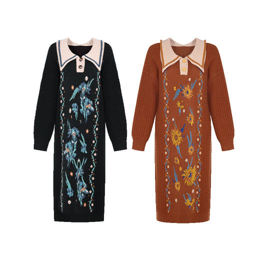 两三事梵高文艺虚无星轨2024秋新款文艺风polo领花色毛衣裙连衣裙 商品图4