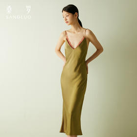 桑罗吊带裙长款撞色蕾丝拼接睡裙女双肩带收腰睡衣新款