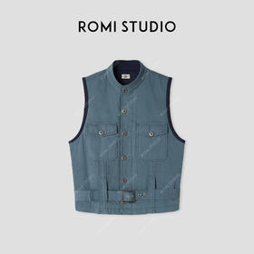 ROMI STUDIO“美式复古”100%棉砂洗洗水做旧腰带宽松马甲 431J7003