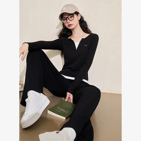 西遇假两件长袖T恤两件套女新款黑色阔腿裤休闲套装D3442167