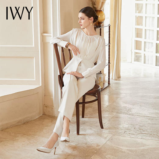 IWY/夏季杏色长袖微透视西装微喇裤两件套气质高端御姐范职场套装CP15090 商品图4