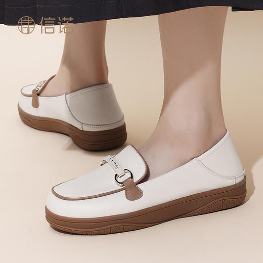 信诺真皮舒适乐福鞋女2024新款秋季小白鞋女士软底一脚蹬妈妈单鞋Q3066-N12 商品图2