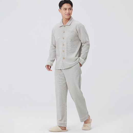 素道有机彩棉 纯棉男士灰色长袖家居服 纽扣翻领100%棉睡衣 商品图1