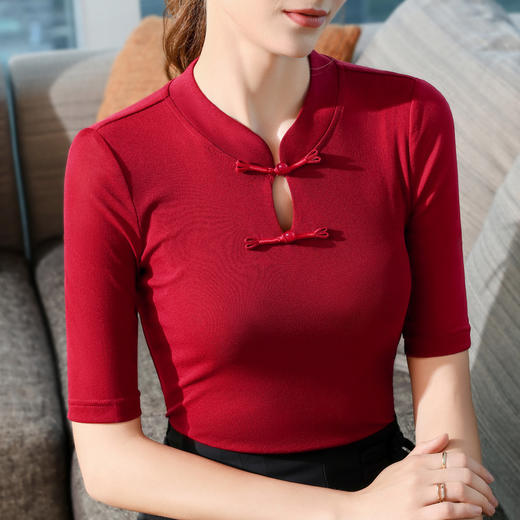 国风盘扣立领中袖T恤女2024新款女装气质网纱打底衫弹力收腰上衣 商品图3