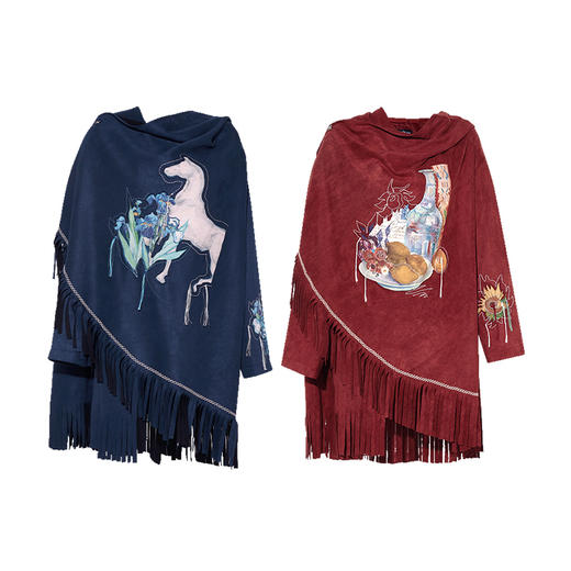 两三事梵高文艺红拂夜奔2024秋季新款刺绣流苏下摆连帽披肩外套女 商品图4