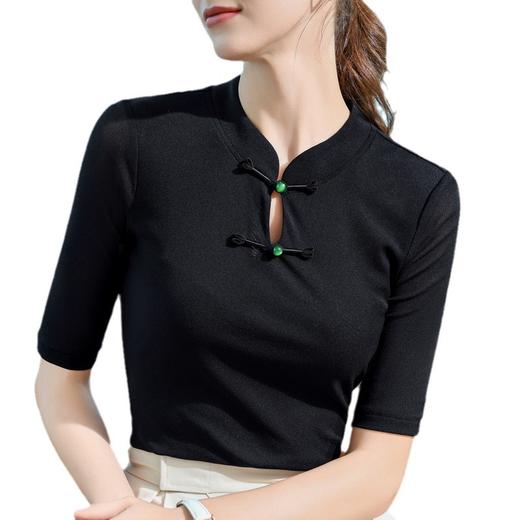 国风盘扣立领中袖T恤女2024新款女装气质网纱打底衫弹力收腰上衣 商品图5