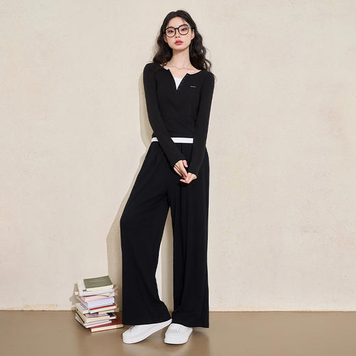 西遇假两件长袖T恤两件套女新款黑色阔腿裤休闲套装D3442167 商品图1
