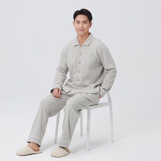 素道有机彩棉 纯棉男士灰色长袖家居服 纽扣翻领100%棉睡衣 商品图2