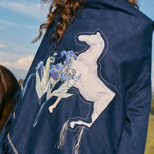 两三事梵高文艺红拂夜奔2024秋季新款刺绣流苏下摆连帽披肩外套女 商品图2