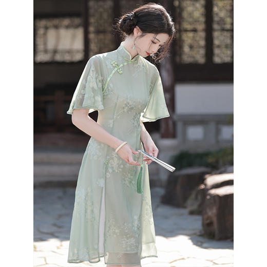 【预售3天】改良绿色旗袍小清新，年轻款高端气质少女奥黛连衣裙夏LSB2176 商品图2