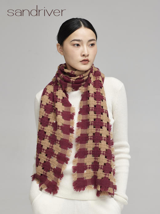 青海羊绒棋盘格镂空撞色围巾SJF96W223N 商品图2