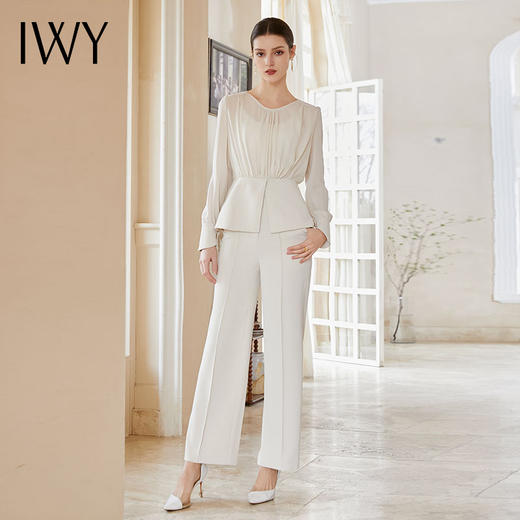 IWY/夏季杏色长袖微透视西装微喇裤两件套气质高端御姐范职场套装CP15090 商品图2