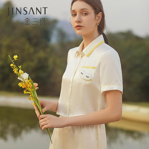 金三塔真丝睡衣衬衫领 短袖短裤两件套爱心装饰可外穿家居服  YSFCB498 商品图3