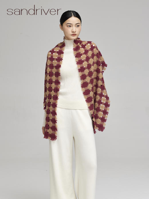 青海羊绒棋盘格镂空撞色围巾SJF96W223N 商品图4