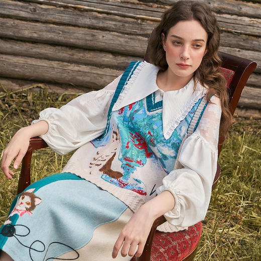 两三事梵高文艺毛线乐园2024秋季新款小猫刺绣拼色针织高腰半身裙 商品图3